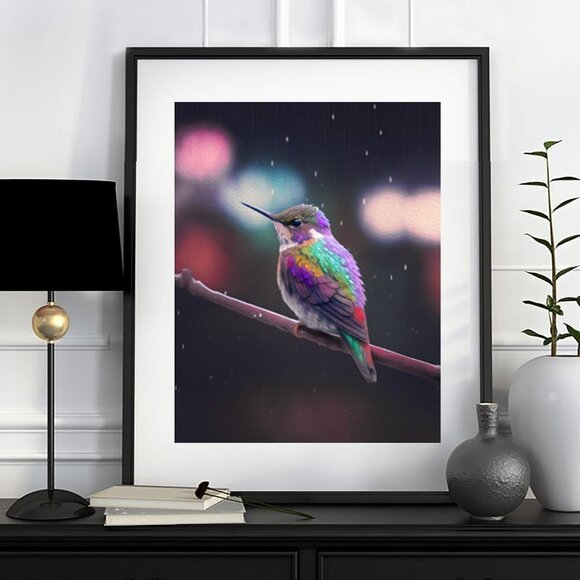 11x14 Hummingbird x Cyberpunk Fantasy Wall‎ Art Watercolor Oil Painting Print - Picture 2 of 3